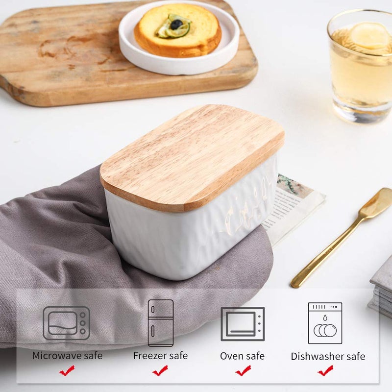 KOOV Porcelain Large Butter Dish with Lid, Airtight Butter Container with Oak Lid, Perfect for 2 Sticks, Texture Series (White) - Image 5